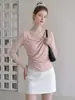 Camiseta rosa de hombros descubiertos para mujer, capa base de otoño, pura y seductora, corte ajustado, diseño único y exquisito