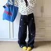 Jeans Scimitar Bordado com Margarida Retro Americano para Mulheres, Marca Tendência Outono, Calças Largas de Perna Larga, Comprimento no Chão, Corte Solto