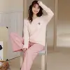 Pijama Doce Fofo Novo de Algodão Puro para Mulheres Roupa de Casa Gola Redonda Manga Longa com Bojo Conjunto de Roupa de Casa Pode Ser Usado Fora