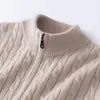 Cárdigan de Cachemira 100% Puro para Hombre con Cuello Semi Alto, Cremallera, Suéter de Color Sólido, Suéter de Cachemira de Punto Trenzado