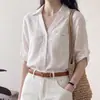 Elegante camisa de lino de manga corta con cuello en V estilo francés para mujer, camisa casual de verano holgada, top fino con estilo 'old money' de clase.