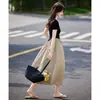 Estilo Minimalista Ligero Casual Vestido Camiseta Falso de Dos Piezas Verano 2025 Nueva Moda Costura Color Contrastante Cuello Redondo Vestido
