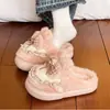 Pantuflas de algodón estilo Lolita con orejas de conejo, nueva colección otoño/invierno, con diseño de lazo y encaje, suelas gruesas, antideslizantes y cálidas para usar en interiores