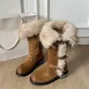 Botas de nieve largas estilo ruso con forro de polar para mujer, nueva colección de invierno 2025, suela gruesa, cálidas, con parte superior de gamuza con ribete de pelo y forro de algodón