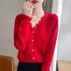 Camisa básica de tricô fina, justa e elegante, com decote V e detalhes em renda, para mulheres, top suéter moderno e da moda