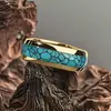 Anel de Aço Inoxidável com Turquesa Sintética Incrustada, Adequado para o Natal, Dia dos Namorados, Detalhe de Mármore Verde Dourado