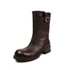 Botines de cuero de grano completo estilo idol con suela silenciosa, punta redonda, tacón medio grueso con hebilla, cuero, para invierno 2026