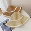 Sombrero de Paja de Verano con Protección Solar para Mujer, Sombrero de Pescador con Protección Solar para Vacaciones en la Playa Padre e Hijo, Ala Ancha con Perlas, Sombrero de Sol para Adelgazar el Rostro