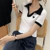 Polo de Empalme Sexy Ajustado Corto Cuello en V Nuevo Diseño de Top Verano 2025 Camiseta de Manga Corta de Nicho para Mujer