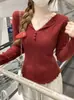 Estilo francês delicado para figuras petite, blusa de tricô com decote V em renda nas bordas, peça base doce e emagrecedora para outono e inverno