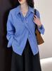 Camisa de Rayas Naranja y Azul para Mujer, Estilo Coreano, Diseño Holgado, Top de Gama Alta 1584