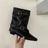 Botines de Tacón Grueso de Gamuza con Punta Cuadrada para Mujer 2025 Otoño e Invierno Nuevo Estilo Botas Vaqueras Occidentales Botas de Jinete con Hebilla de Cinturón Botas Cortas para Mujer