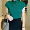 2026 Verano Nuevo Estilo Negro Manga Corta Tejido Mujer Color Sólido Verano Manga Corta Cuello Semi Alto Seda de Hielo Camiseta Top