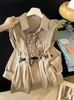 Camisa de seda de manga larga con cuello, color café, para otoño temprano, para mujer, top ajustado a la cintura, de longitud media, en blanco