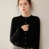 Cardigan de Cashmere Fino para Mulheres Suéter de Gola Redonda Outono e Inverno Nova Peça de Roupa Externa Cor Lisa Versátil Suéter de Tricô Base Simples