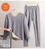 Conjunto de roupa íntima térmica masculina feito de veludo alemão, sem costura, lado AB, gola V, aquecimento de temperatura constante, aquecimento rápido, estilo masculino dupla face