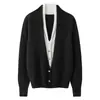 Suéter de Lã Tricotado Cashmere 2026 Outono/Inverno Novo Feminino Curto Gola V Botões Duas Cores Falso Duas Peças