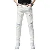 Novos Jeans Brancos de Outono 2026 de Alta Qualidade para Homens, Corte Slim, Calças Brancas Novas Estilosas para Homens com Rasgos, Tendência