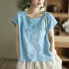 Camiseta de Algodón y Lino Vintage con Bordado Pesado de Cuello Redondo para Mujer, Nuevo Modelo Verano 2026, Suéter Delgado Elegante Versátil para Mujer