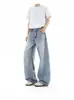 Jeans de perna larga curvo azul claro lavado para homens e mulheres, estilo de rua americano de outono, solto, com caimento, calças casuais retas