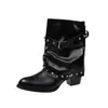 Botines de punta tachonados estilo coreano para mujer, nueva colección verano 2026, negros con detalle de hebilla, tacón grueso, botas de montar retro, estilo western