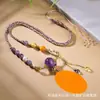 Cuerda con Colgante de Cuentas de Transferencia de Amatista Natural, Joyería de Cuerda con Colgante de Zorro de Nueve Colas de Citrina Tejida a Mano, Collar Thangka