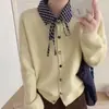 06 Top de punto estilo coreano, diseño de dos piezas falsas, cuello polo a cuadros, con cordones, para mujer, cárdigan de principios de otoño, chaqueta adelgazante
