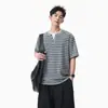 Camiseta de manga corta a rayas con bloques de color estilo americano, dos piezas falsas, para hombre y mujer, verano, cuello en V relajado, holgada, casual, de media manga