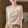 Ropa de punto de cuello redondo de hilo fino de manga corta de punto para mujer con pliegues irregulares y chaleco básico para mujer, Novedad de Verano 2025 Transfronteriza