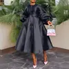 Comércio Exterior Transfronteiriço Europeu e Americano Roupas Novos Produtos Cor Pura Brilhante Solto Botão Manga Lanterna Vestido