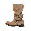 Botas de Salto Grosso Retrô Desgastadas de Cano Médio, Botas de Trabalho Dobráveis de Duas Vias, Mesmo Estilo de Zhang Yuanying, com Fivela de Cinto Botas Empilhadas