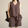 Conjunto Verão Algodão e Linho Colete Sem Manga Nova Moda Shorts Soltos Emagrecedores com Cordão Cintura Elástica Conjunto de Duas Peças