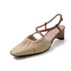 Sandalias Pequeñas Cuadradas de Cuero Plegado Estilo Francés con Tira Cruzada, Verano 2026, Tacón Medio Grueso, Punta Cuadrada, Trasero Abierto, Cuero Genuino, Punta Cerrada, Sandalias para Mujer