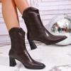 2025 Nuevo Otoño e Invierno Tacón Grueso Tacón Alto Punta Cuadrada Botas Vaqueras Occidentales para Mujer Europeas y Americanas Boca en V Cremallera Trasera Exportación Botas de Mujer