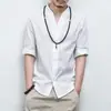 Estilo Chinês 2024 Primavera e Verão Camisa Solta de Algodão e Linho Camisa Masculina de Manga Três Quartos Camiseta Masculina de Linho de Manga Meia Camisa Tang Masculina