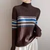 Suéter de punto casual transfronterizo para mujer, de canalé, cuello alto medio, ajuste holgado, a rayas, bloques de color, manga larga, para otoño e invierno, camiseta base de punto