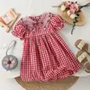 Vestido de Verano Bordado de Frutas Cereza para Niñas 2026 Vestido de Princesa de Manga Corta a Cuadros con Solapa para Niñas
