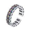 Anel S925 Prata Tailandesa Retro Indústria Pesada Totalmente Cravejado Diamante Colorido Arco-Íris Anel Aberto Personalidade Feminina Temperamento Anel Versátil Joias de Prata