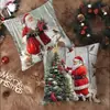 Funda de Almohada Estampada de Reno y Muñeco de Nieve Navideño Set Azul de Cuatro Piezas Funda de Cojín de Atmósfera para Sofá de Sala de Estar Navideña Respaldo