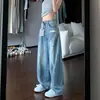 Jeans azules de pierna ancha rasgados estilo americano para mujer, nuevo modelo de verano, talla grande, tiro alto, holgados, adelgazantes, pantalones de pierna recta