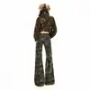 Traje de mezclilla transfronterizo para mujer, con estampado de camuflaje, chaqueta ligeramente acampanada, corte ajustado estilo americano, pantalón largo de camuflaje y chaqueta de camuflaje de longitud extendida