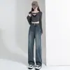 Calça Jeans Feminina de Perna Larga Estreita Forrada com Fleece Outono Inverno 2024 Nova Primavera Cintura Alta Solta Retrô Perna Reta Curta