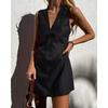 Vestido sin mangas de algodón y lino con cuello en V estilo europeo y americano para mujer, verano, básico, color puro, corte ajustado, falda chaleco