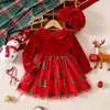 Vestido navideño para niña transfronterizo, terciopelo rojo, cuello de muñeca, mangas largas, bordado de árbol de Navidad, falda de tul, con boina