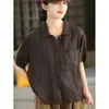 Camisa de Algodón y Lino Retro para Mujer Verano Nuevo Color Sólido Manga Corta Reductora de Edad Temperamento Artístico Casual Holgada Versátil Top para Mujer
