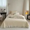 Conjunto de Três Peças de Colcha de Renda Estilo Francês, Gaze de Algodão Puro Dupla Camada, Adequado para Todas as Estações, Lençol de Cama Acolchoado Antiderrapante para Solteiro