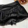Minissaia Doce e Picante com Bolinhas, Cintura Elástica Plissada, Babados de Camada Dupla, Saia Evasê Emagrecedora e que Cobre o Quadril para Mulheres