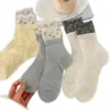 Meias de Renda Floral para Mulheres, Meias de Cano Médio, Meias Finas de Algodão para o Verão, Meias Largas Respiráveis de Malha Estilo Japonês
