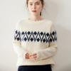 Suéter Caxemira Jacquard Fair Isle Outono e Inverno Feminino Gola Redonda Espessurado Solto Estilo Preguiçoso Tricotado para Usar por Cima