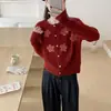 Cárdigan de Punto con Flor Estéreo de Perlas Estilo Coreano para Mujer Otoño e Invierno Nueva Moda Suave Cera Cuello Redondo Suéter Chaqueta Corta